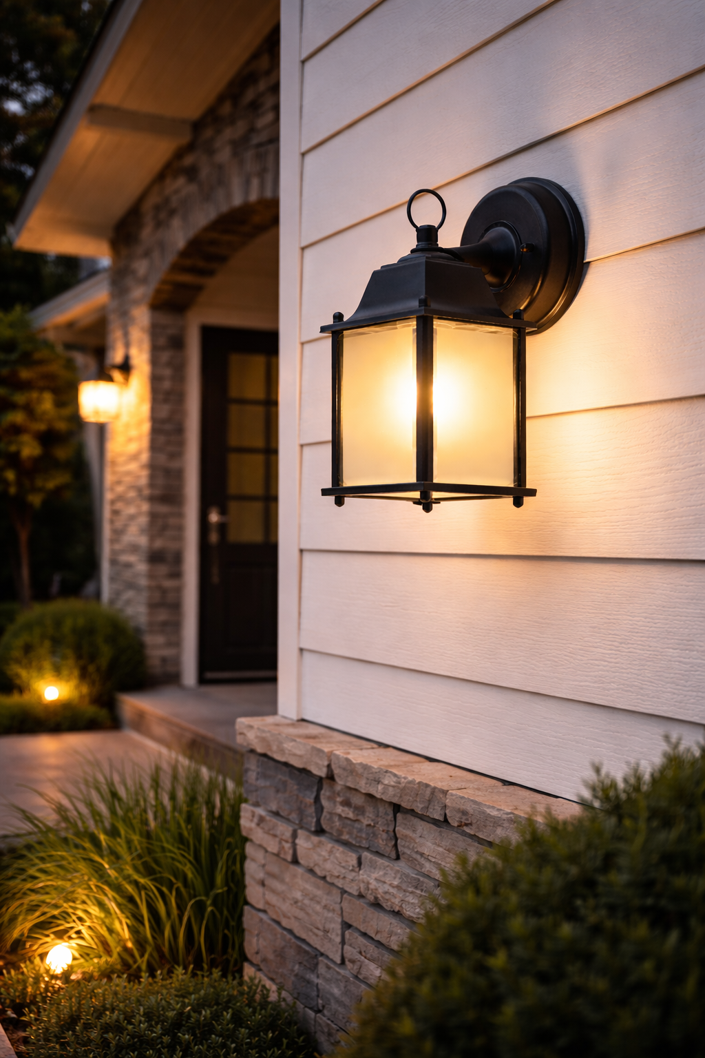 Retro Glass Outdoor Wall Light – Matte Black Lantern Sconce