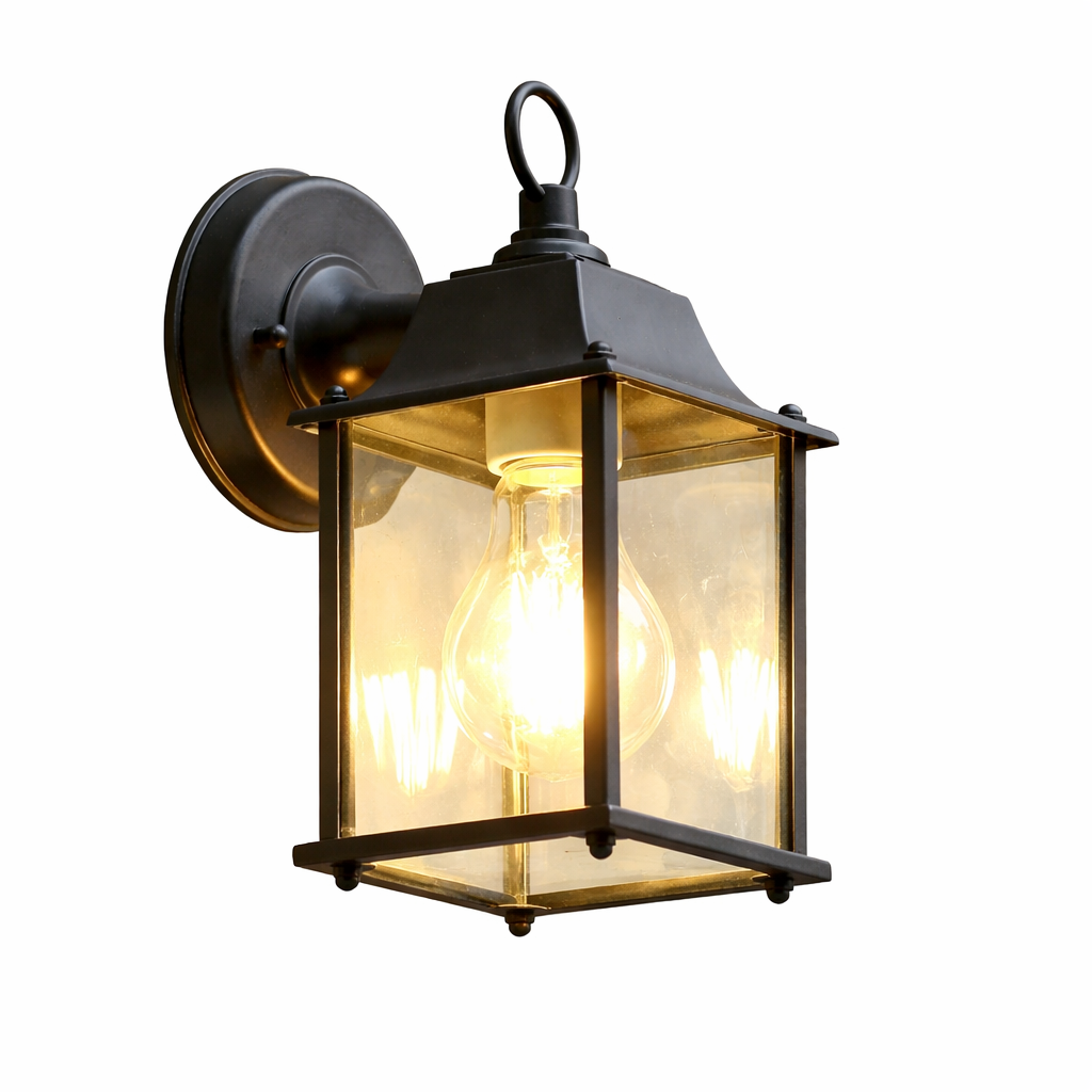 Retro Glass Outdoor Wall Light – Matte Black Lantern Sconce