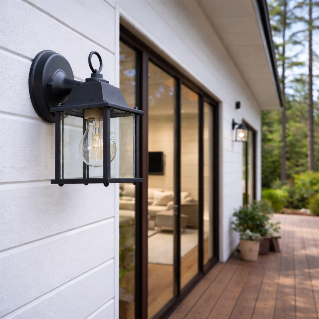 Retro Glass Outdoor Wall Light – Matte Black Lantern Sconce