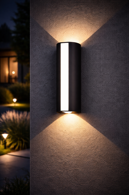 Modern Vertical Outdoor LED Wall Light – Up & Down Beam, IP66 Waterproof, warm white.
